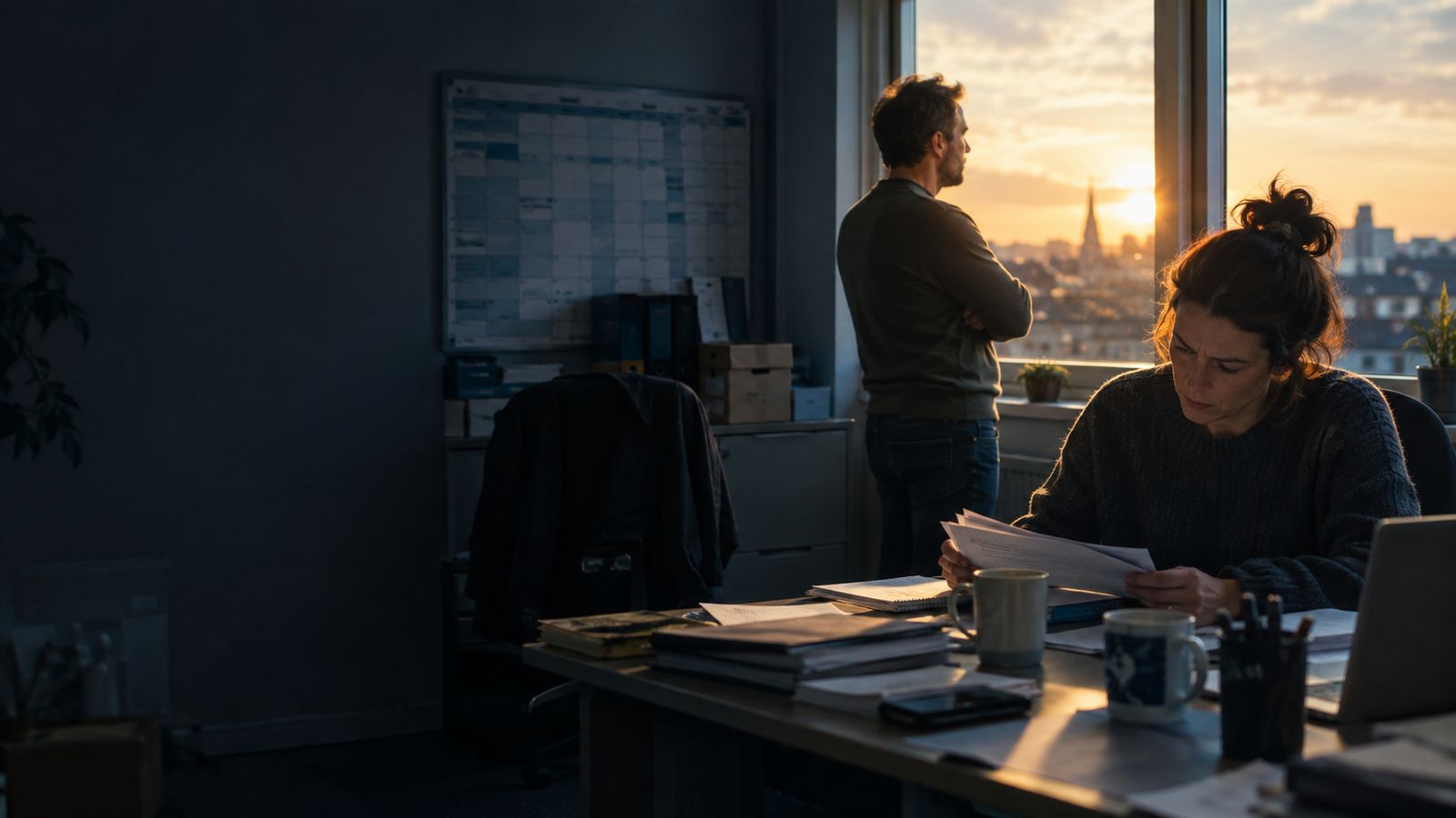 Two business partners in a small office, not looking at each other