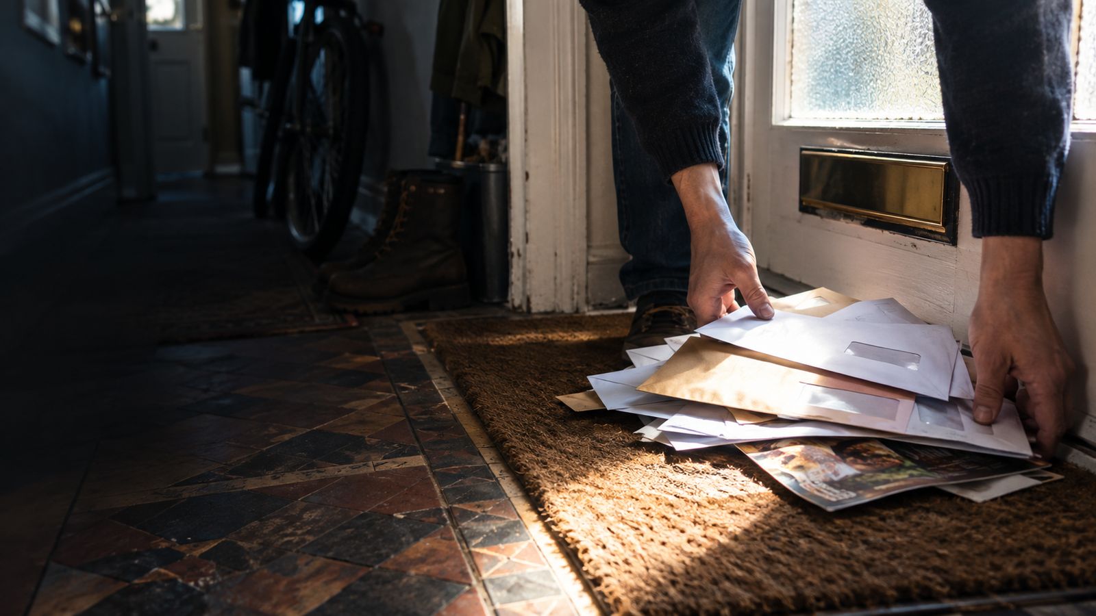 Hands gathering a pile of unopened envelopes from a doormat