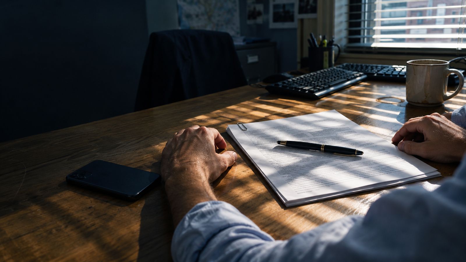 Two hands either side of a printed agreement on a desk, a pen lying across it