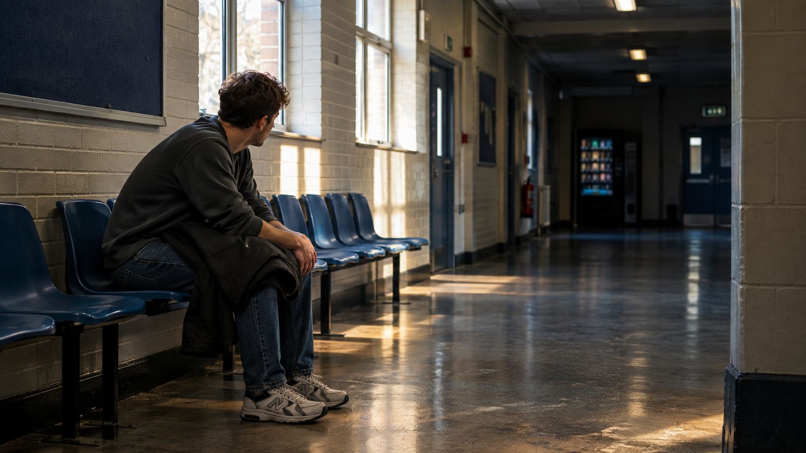 A man waiting alone on a row of chairs in a municipal corridor