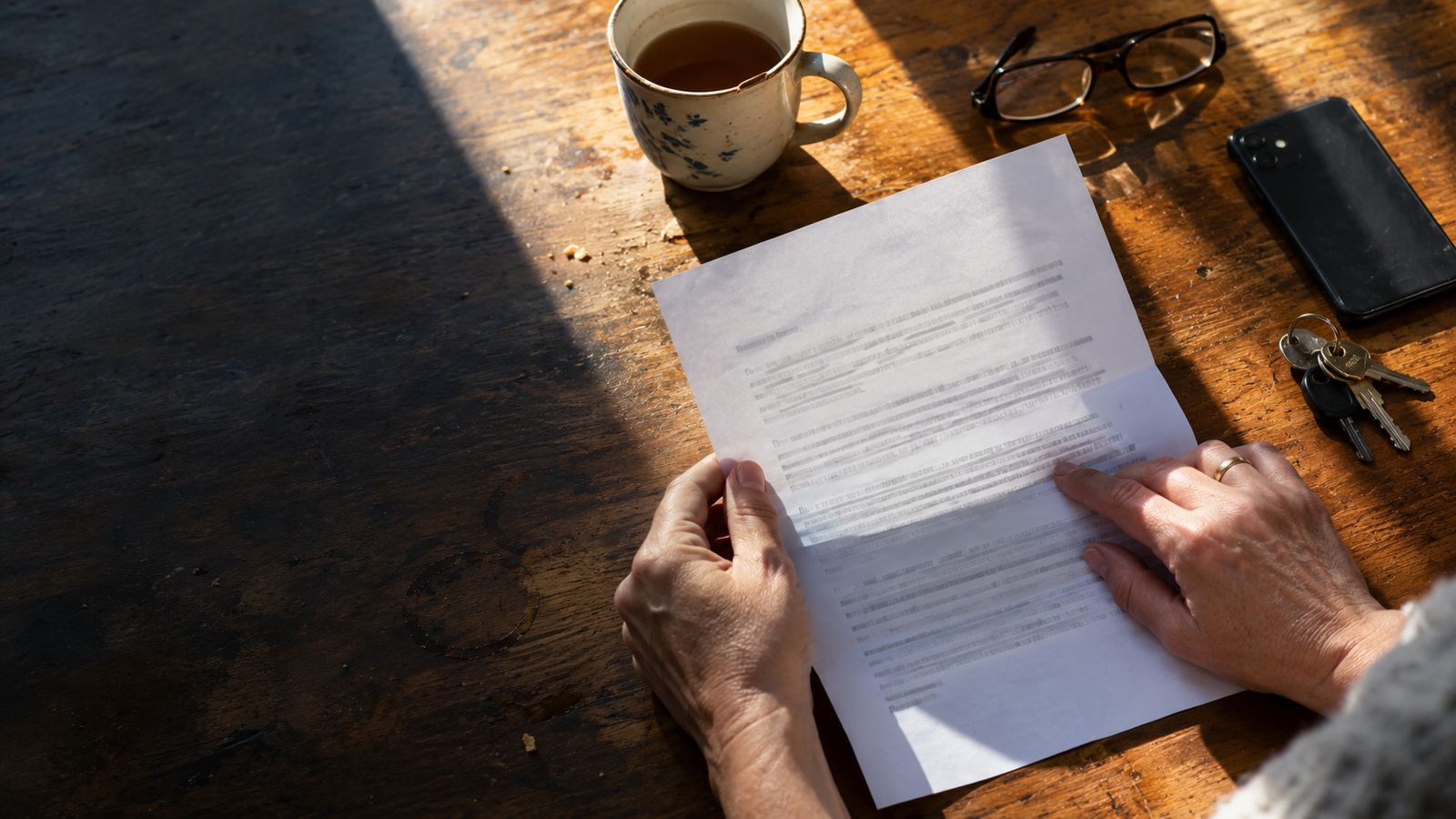 Hands holding an opened letter on a kitchen table