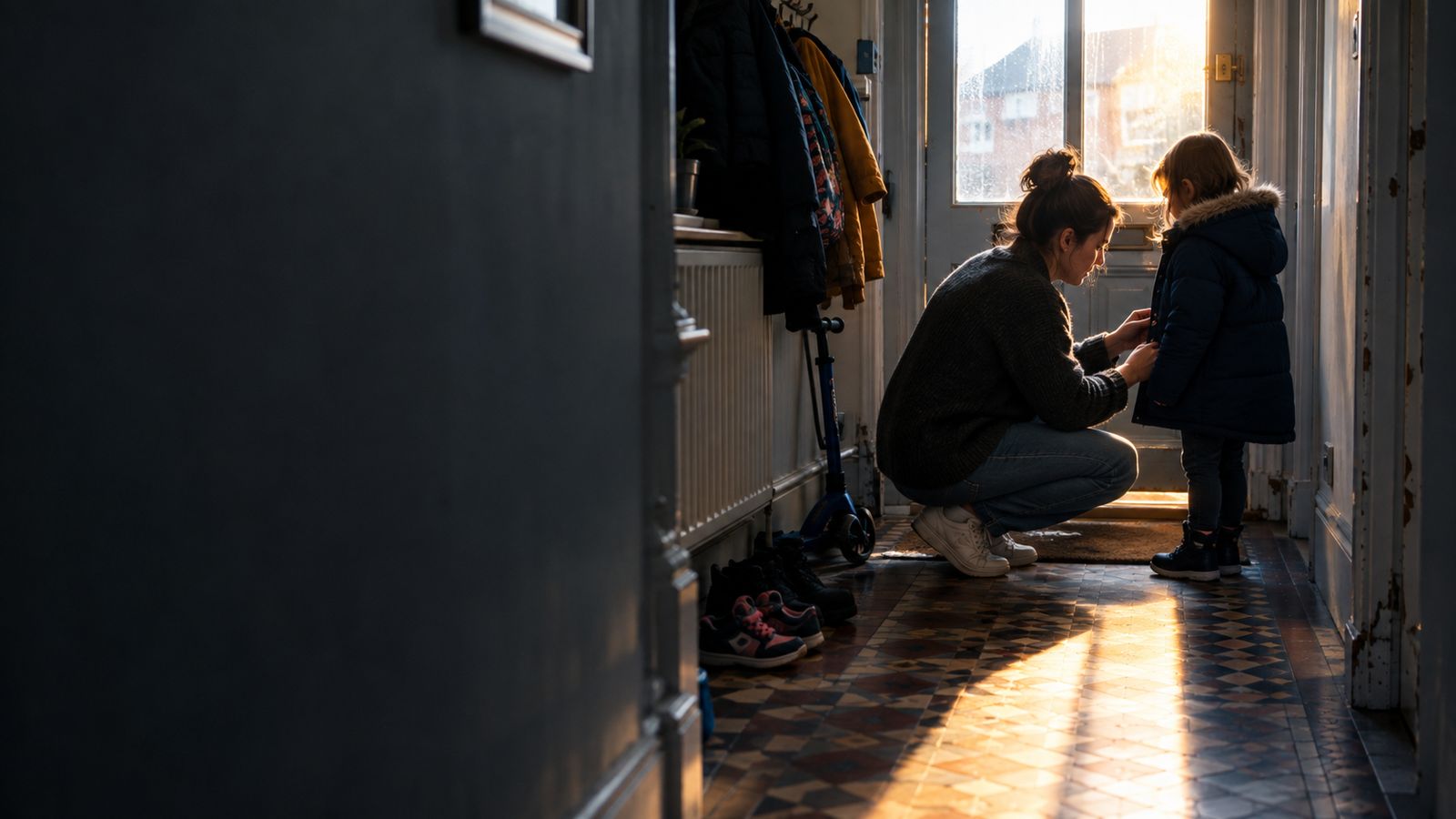 A parent doing up a small child's coat in the hallway of a terraced house
