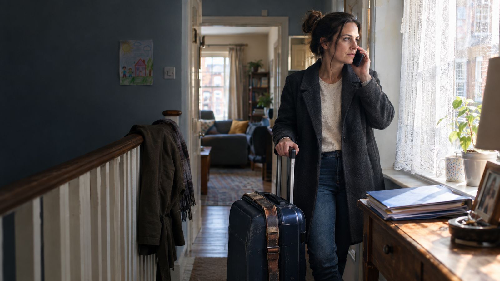 A woman on the phone in a flat hallway with a packed suitcase beside her