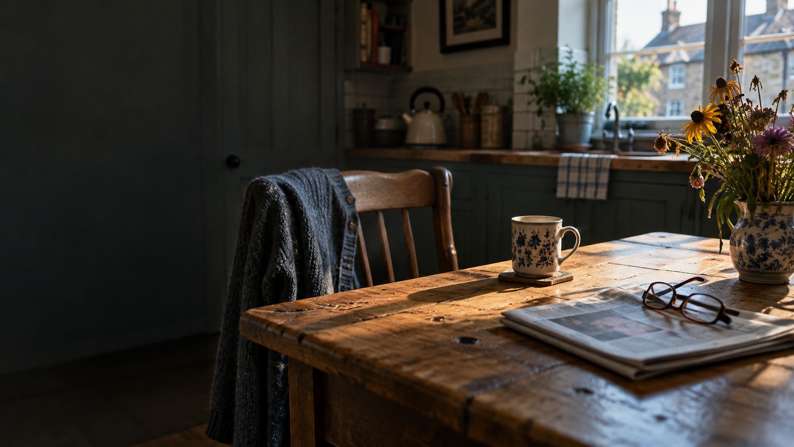 An empty chair pushed back from a kitchen table with one mug in front of it