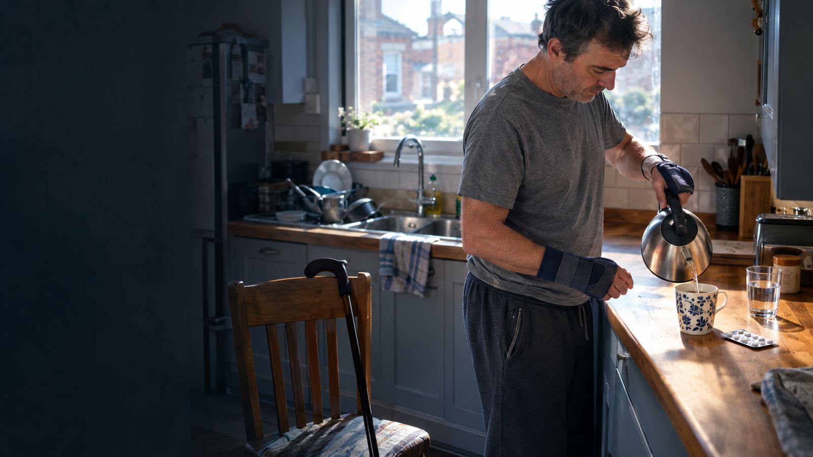 A man with his forearm in a splint making tea one-handed, a walking stick on the chair