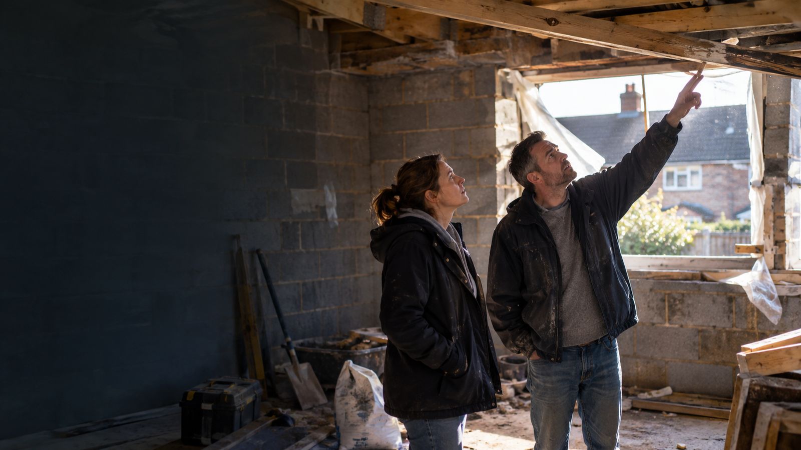 A couple standing in an unfinished extension looking up at bad building work
