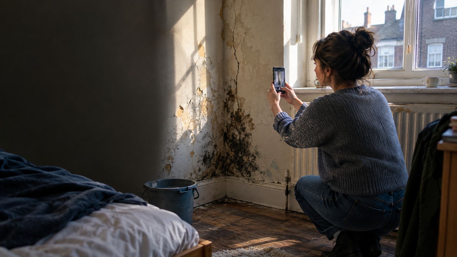A woman photographing a patch of damp and a crack in a rented flat wall
