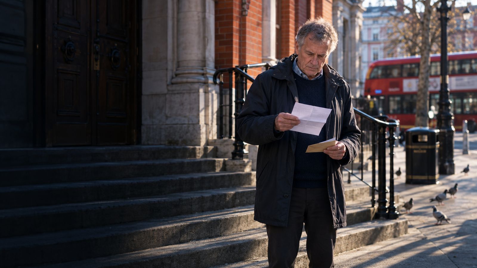 A man reading a letter on the steps of a civic building
