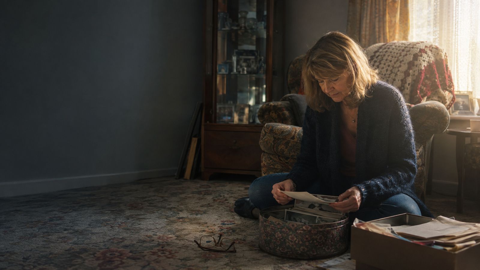 Someone going through a tin of old photographs and letters in a front room